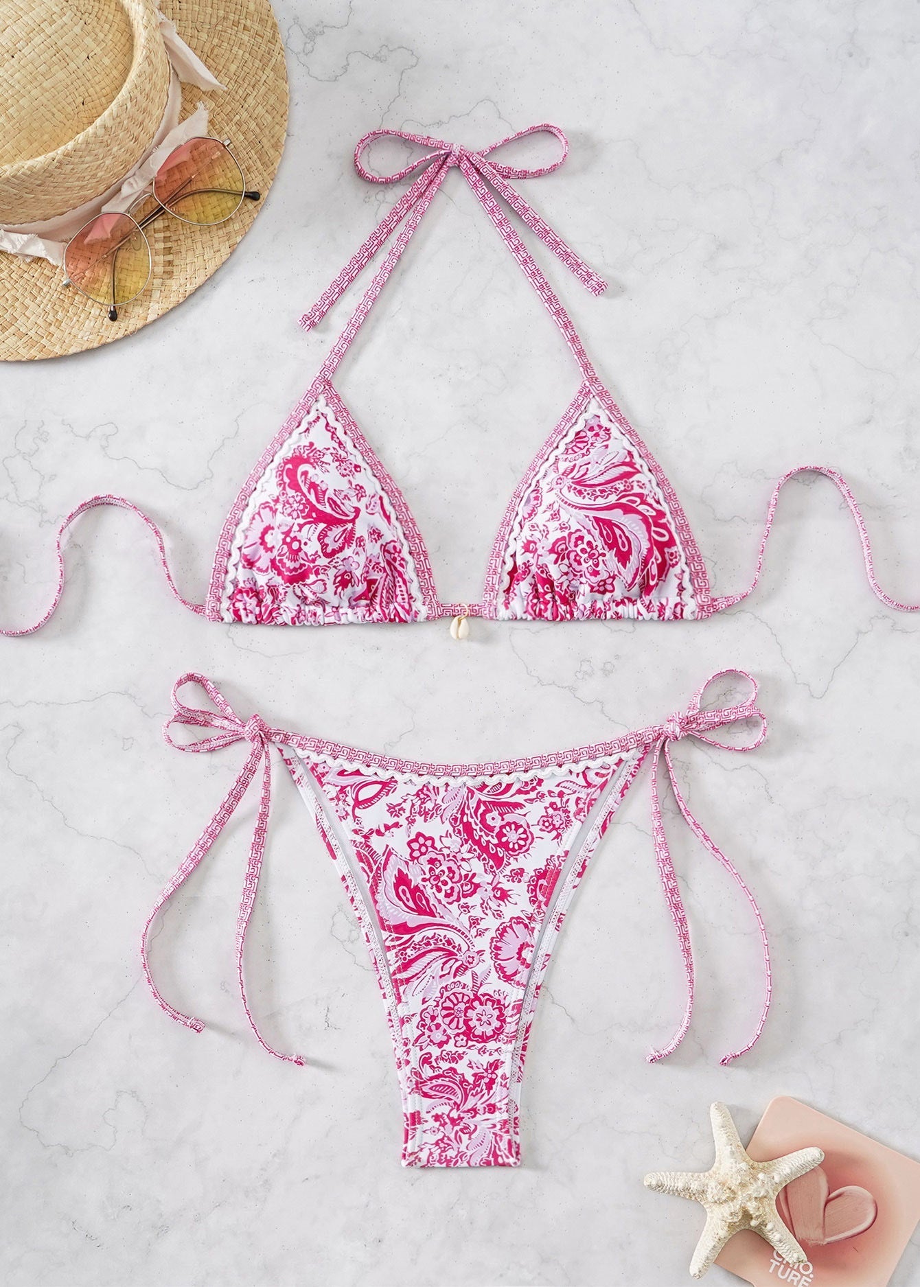Contrasting Print Strap Sexy Bikini Split Swimsuit Batwing Short Sleeve Shirt W Plants Print