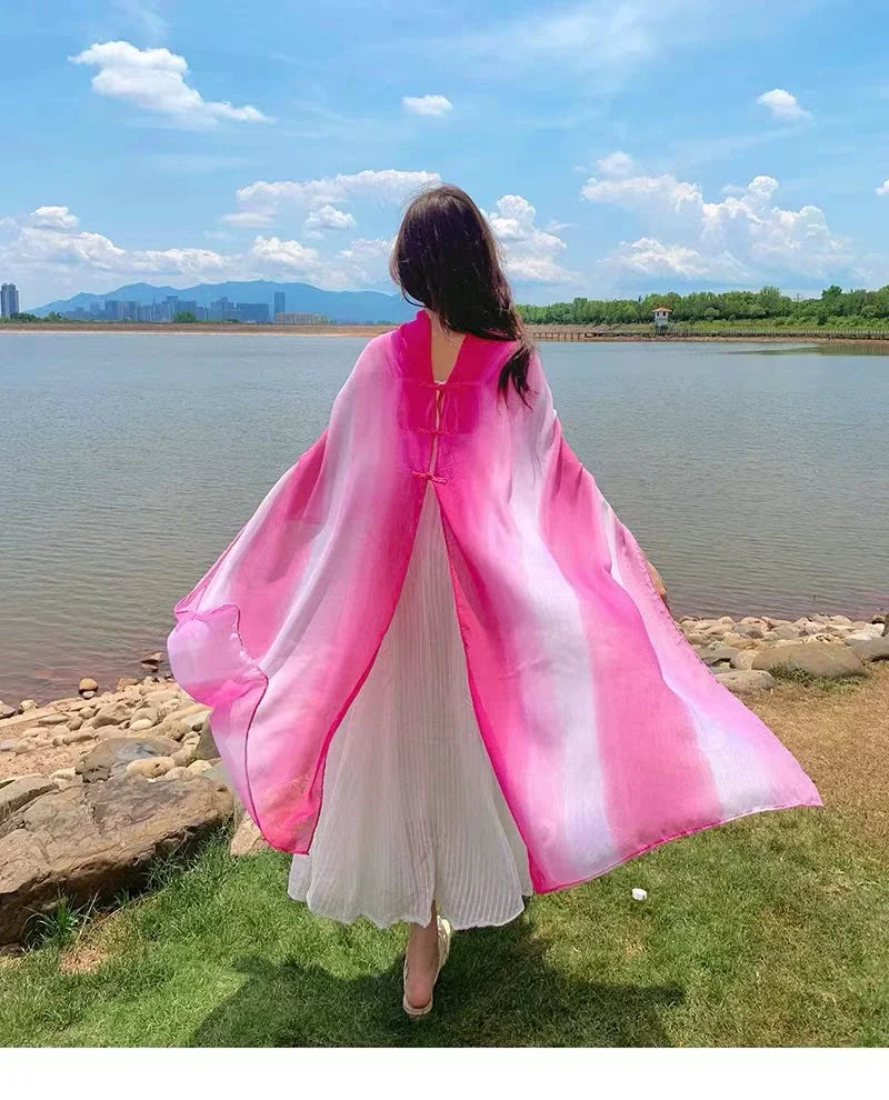 Travel Summer Gradient Shawl – Lightweight Cotton Blend, Buckle Detail