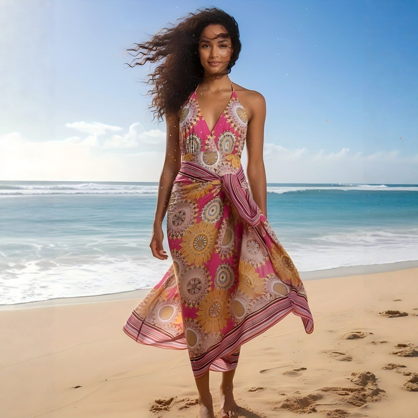 Vacation Style Beach Print Bikini Sexy Two Piece One Piece Swimsuit Women