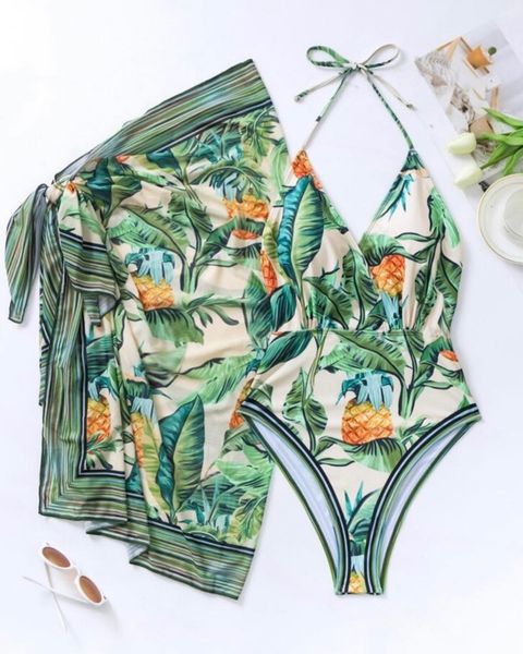 Triangle Sexy One Piece Tropical Print Swimsuit Women's Two Piece Set