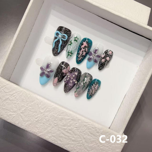Almond Nail Internet celebrity Embossed Bow Handmade Press on Nails Finished Product Premium Light Luxury
