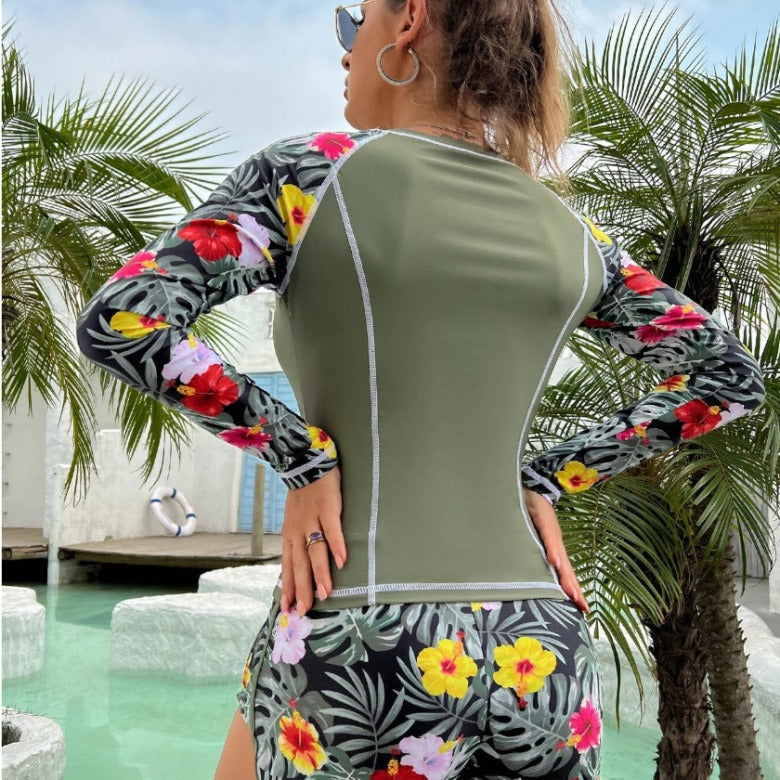 Women's Sun Protection Diving Suit Printed Boxer Long Sleeve Swimsuit UV Protection Swimwear