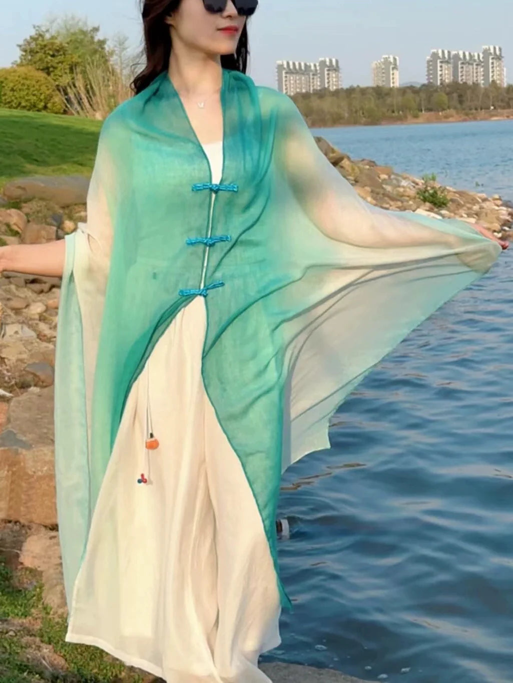 Travel Summer Gradient Shawl – Lightweight Cotton Blend, Buckle Detail