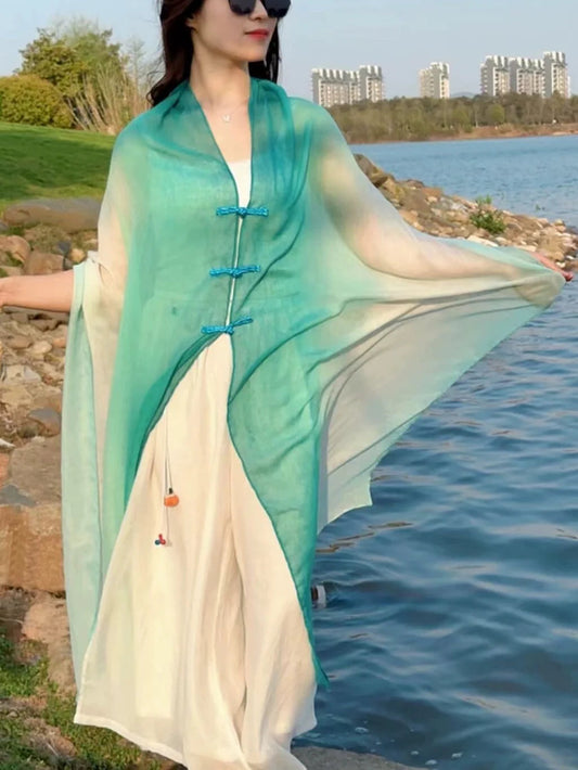 Châle d'été dégradé de voyage – Mélange de coton léger, détail boucle
