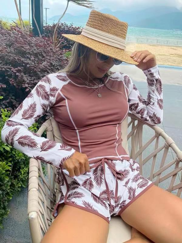 Women's Sun Protection Diving Suit Printed Boxer Long Sleeve Swimsuit UV Protection Swimwear