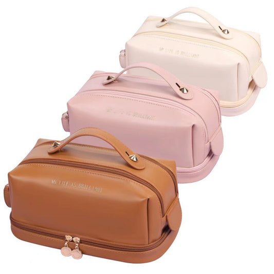 Double layer double zipper makeup bag for women,Large capacity women's cosmetic bag, PU leather toilet bag, cosmetic storage bag, makeup bag organizer,