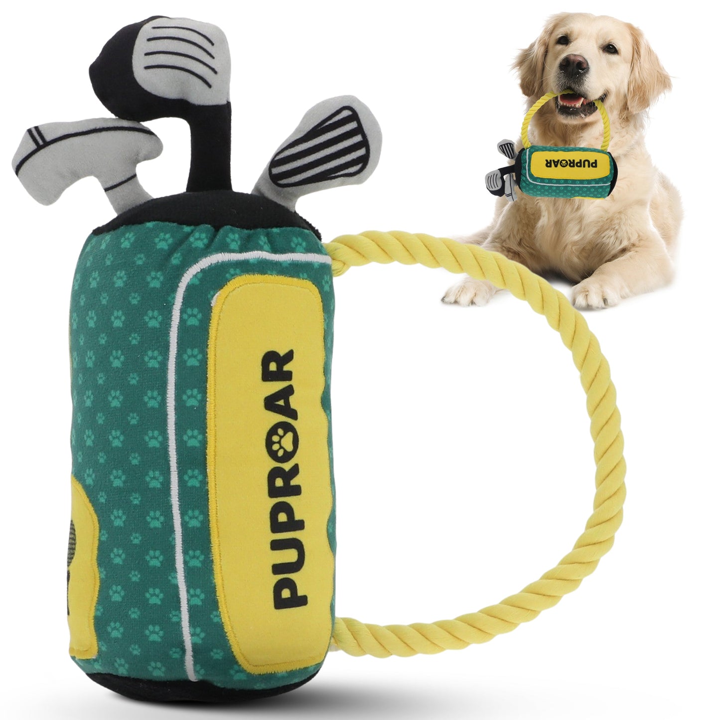 PUPROAR Golf Dog Toy | Cute Squeaky Plush Dog Toy with Rope & Crinkle