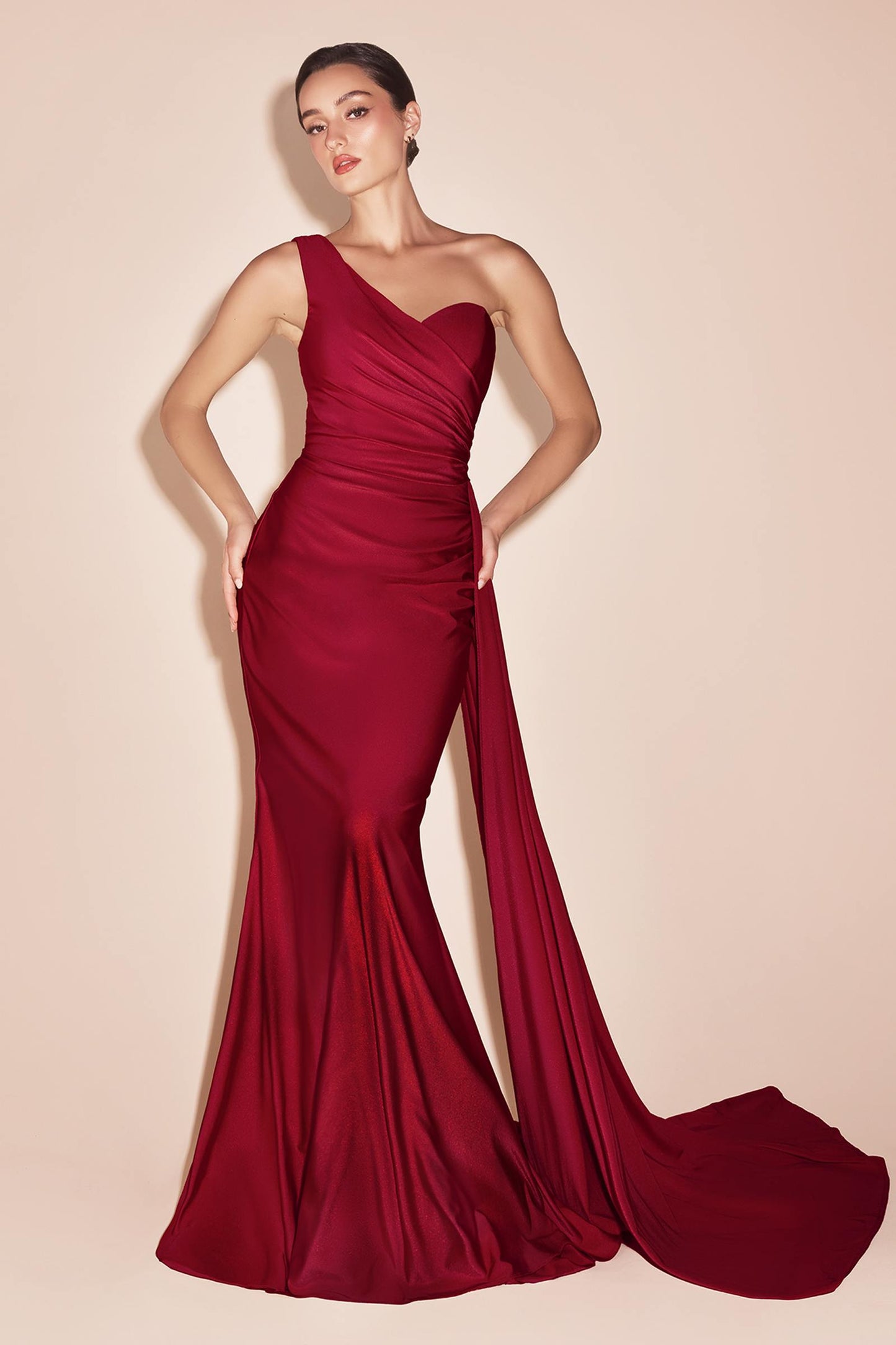 Ladivine PT004 Long Chic One Shoulder Stretch Satin Side Sash Gown