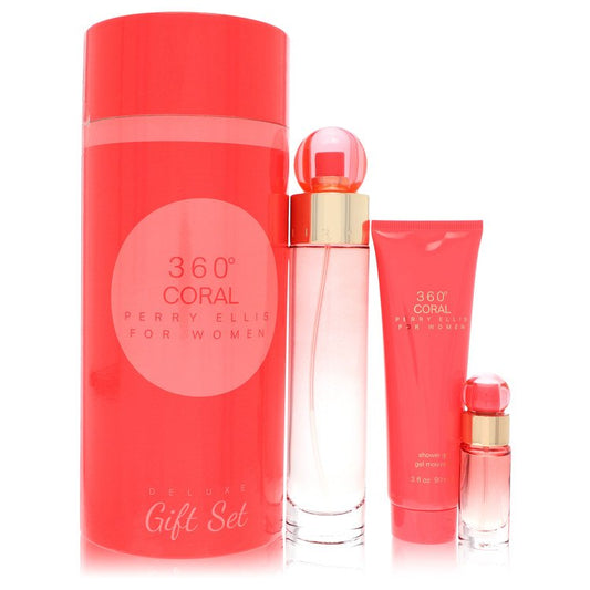 Perry Ellis 360 Coral by Perry Ellis Geschenkset – 100 ml Eau de Parfum Spray + 7,5 ml Mini-EDP Spray + 90 ml Duschgel für Damen