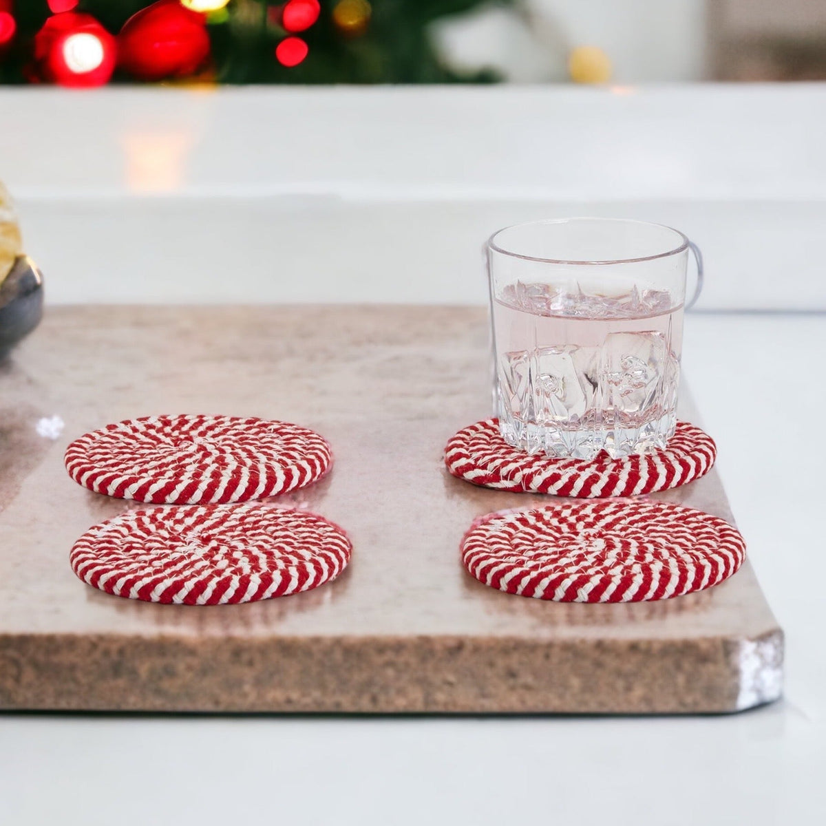 Black Braided Coaster Set 4-Pack Candy Cane Stripe Coasters Table Protectors