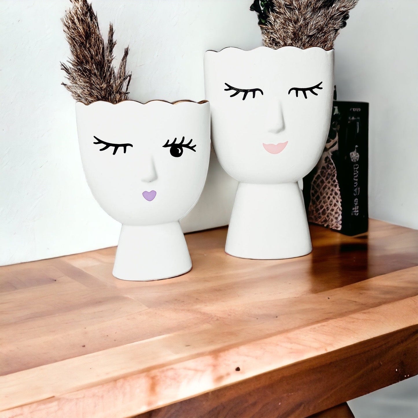 Lot de 2 vases en porcelaine Coquette, vases en céramique Clin d'œil et Sourire avec bordure dorée, décoration de coiffeuse fine