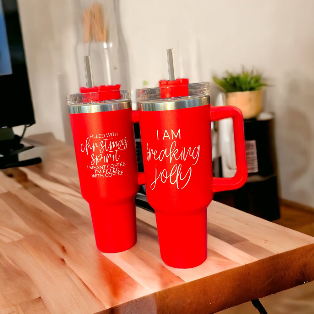 Weihnachts-Kaffeebecher 40oz Isolierbecher mit Griff Deckel Strohhalm Rot