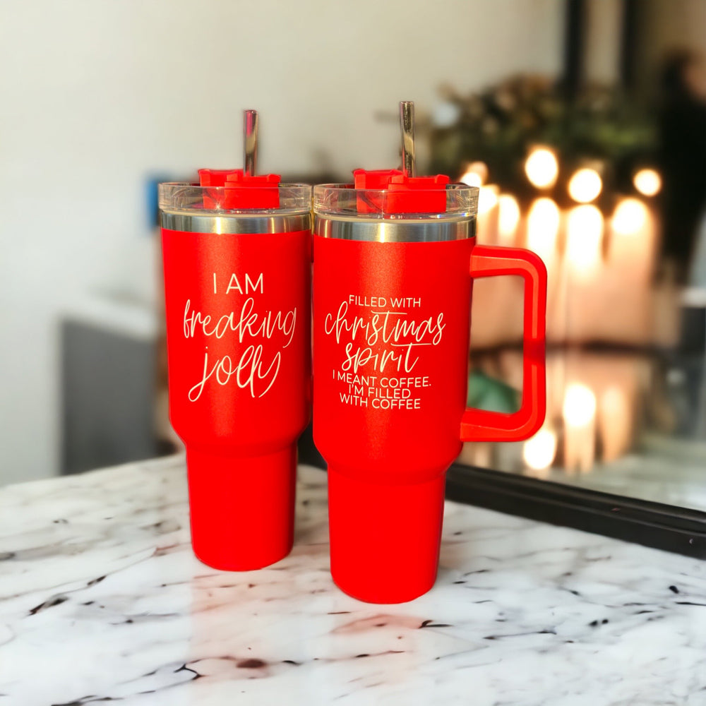 Weihnachts-Kaffeebecher 40oz Isolierbecher mit Griff Deckel Strohhalm Rot