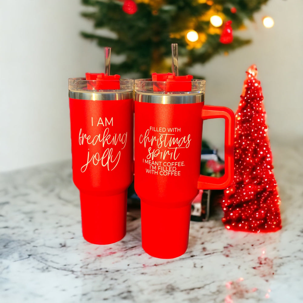 Weihnachts-Kaffeebecher 40oz Isolierbecher mit Griff Deckel Strohhalm Rot