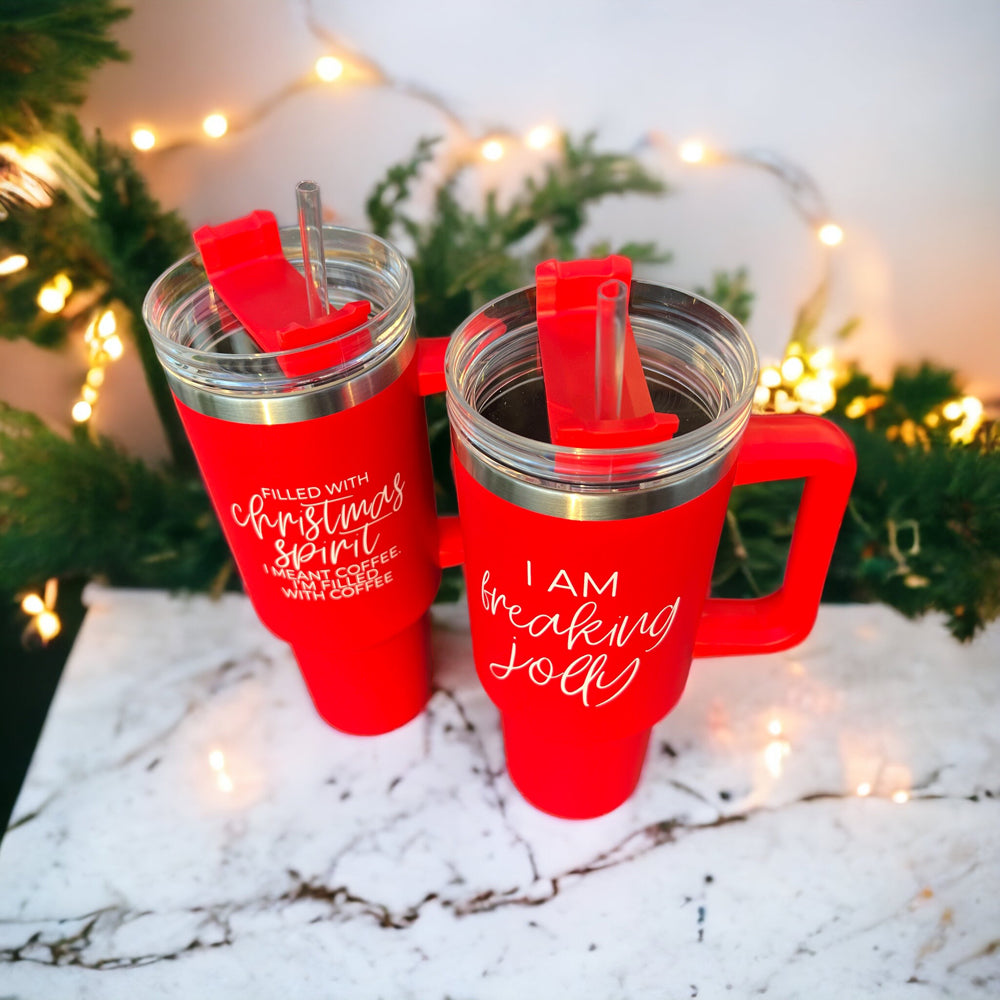 Weihnachts-Kaffeebecher 40oz Isolierbecher mit Griff Deckel Strohhalm Rot