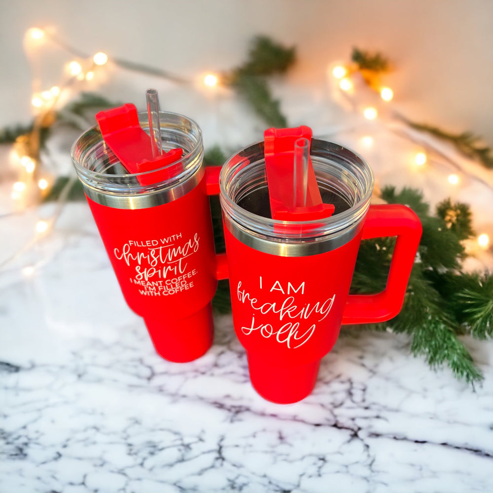 Weihnachts-Kaffeebecher 40oz Isolierbecher mit Griff Deckel Strohhalm Rot