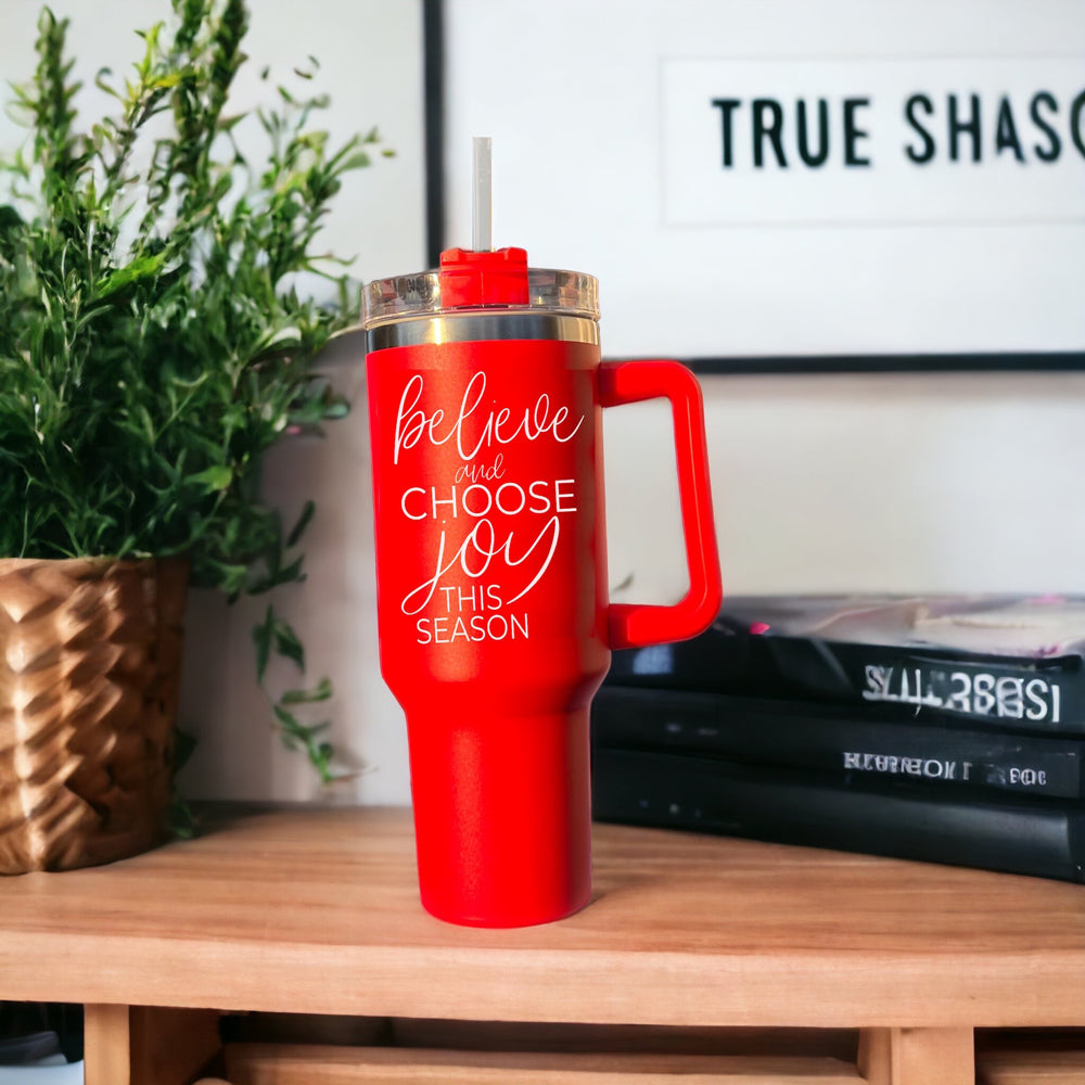 Believe Joy 40oz Insulated Tumbler With Handle Lid Straw Holiday Travel Mug