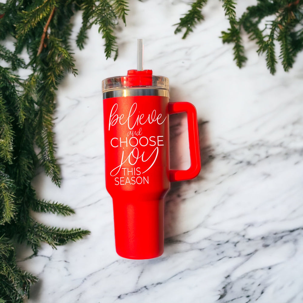 Believe Joy 40oz Insulated Tumbler With Handle Lid Straw Holiday Travel Mug
