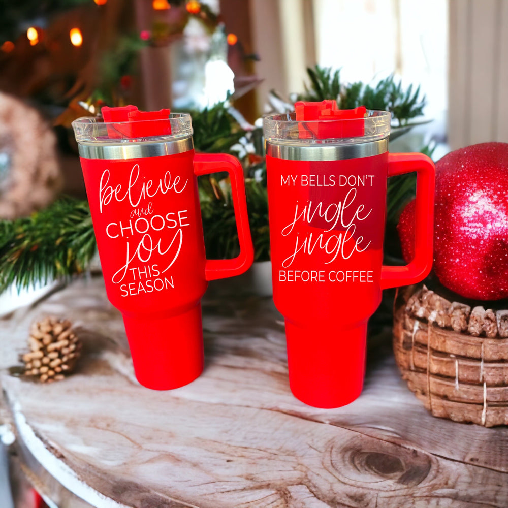 Gobelet isotherme 40 oz Believe Joy avec couvercle, poignée et paille, pour les fêtes et les voyages