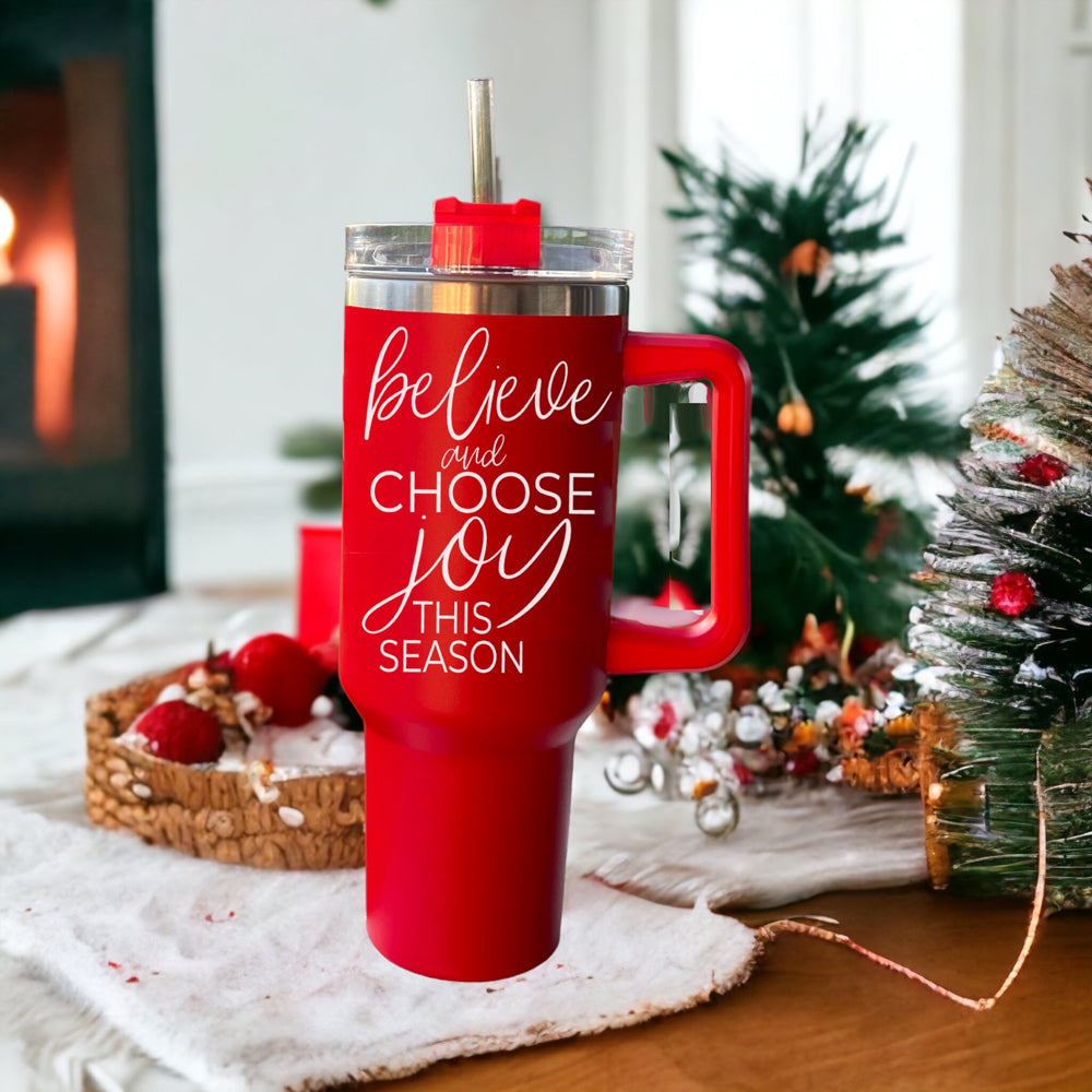 Believe Joy 40oz Insulated Tumbler With Handle Lid Straw Holiday Travel Mug