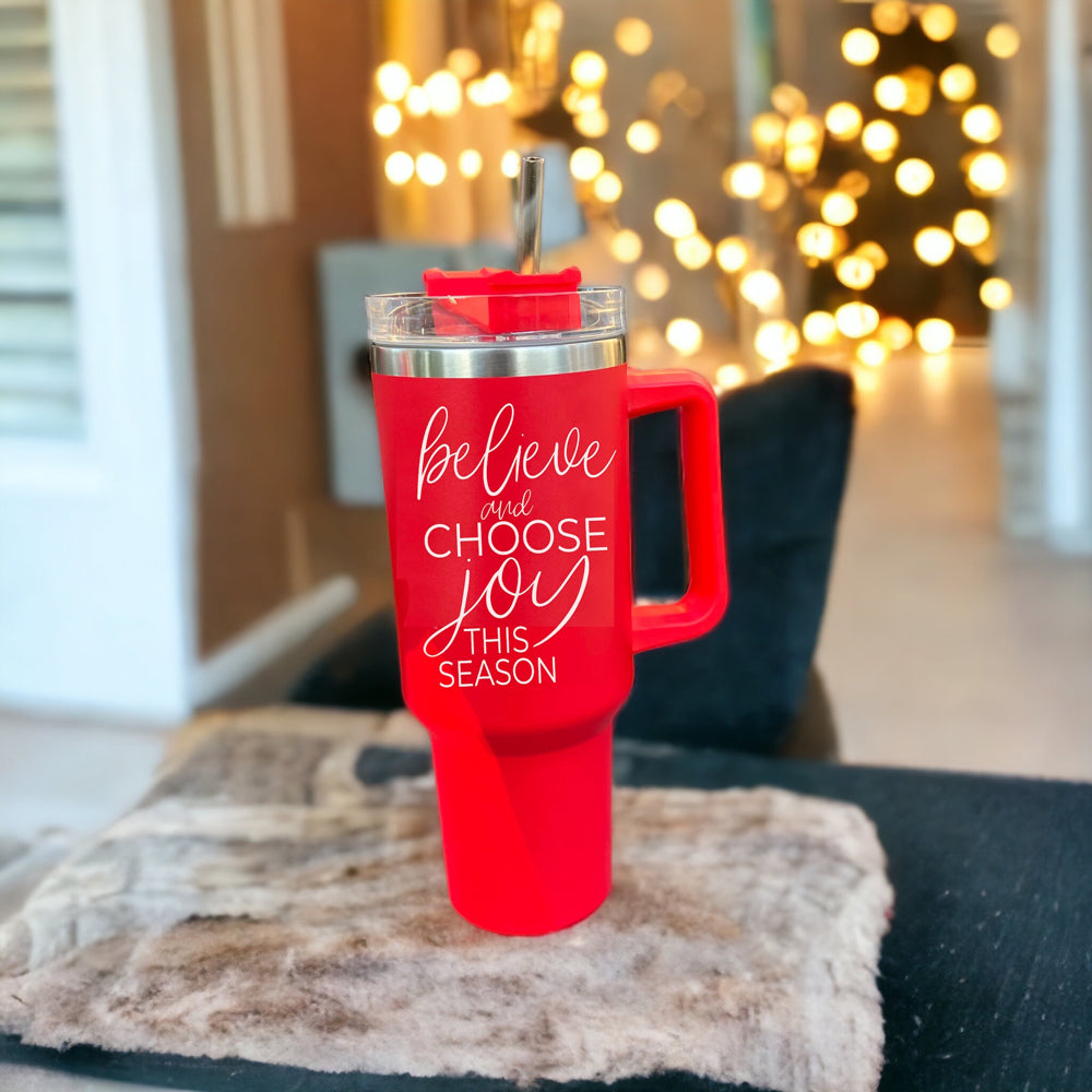 Believe Joy 40oz Insulated Tumbler With Handle Lid Straw Holiday Travel Mug