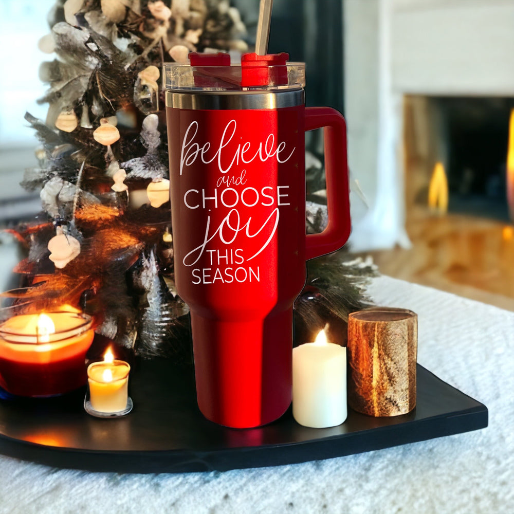 Believe Joy 40oz Insulated Tumbler With Handle Lid Straw Holiday Travel Mug