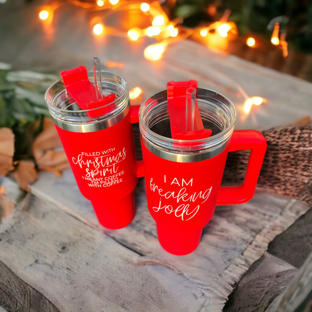 Weihnachts-Kaffeebecher 40oz Isolierbecher mit Griff Deckel Strohhalm Rot