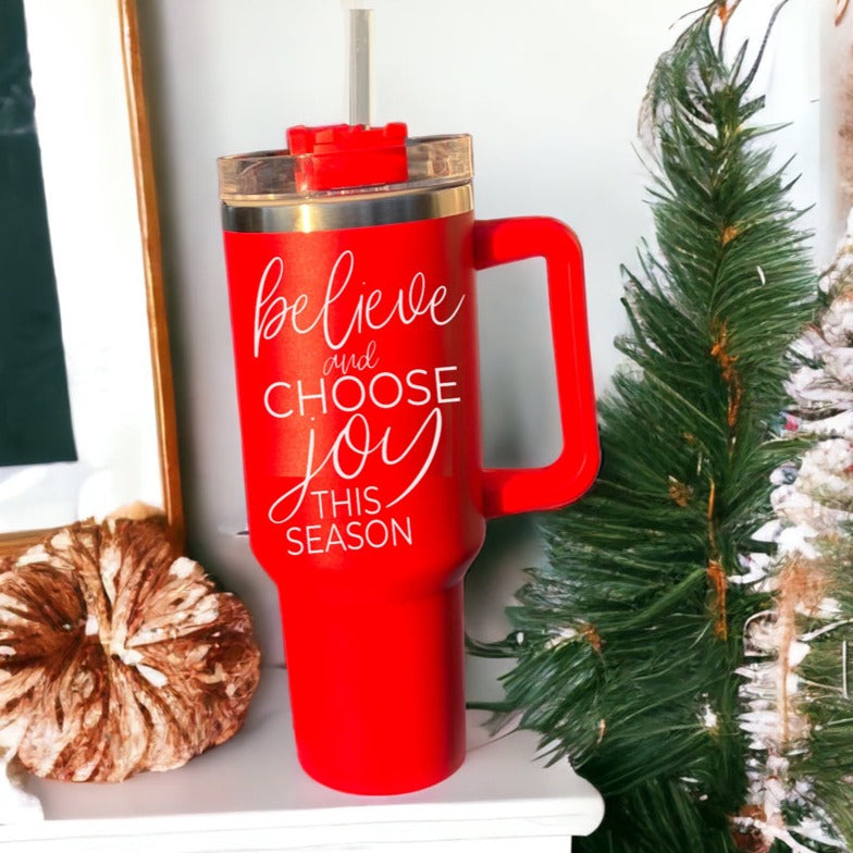 Believe Joy 40oz Insulated Tumbler With Handle Lid Straw Holiday Travel Mug