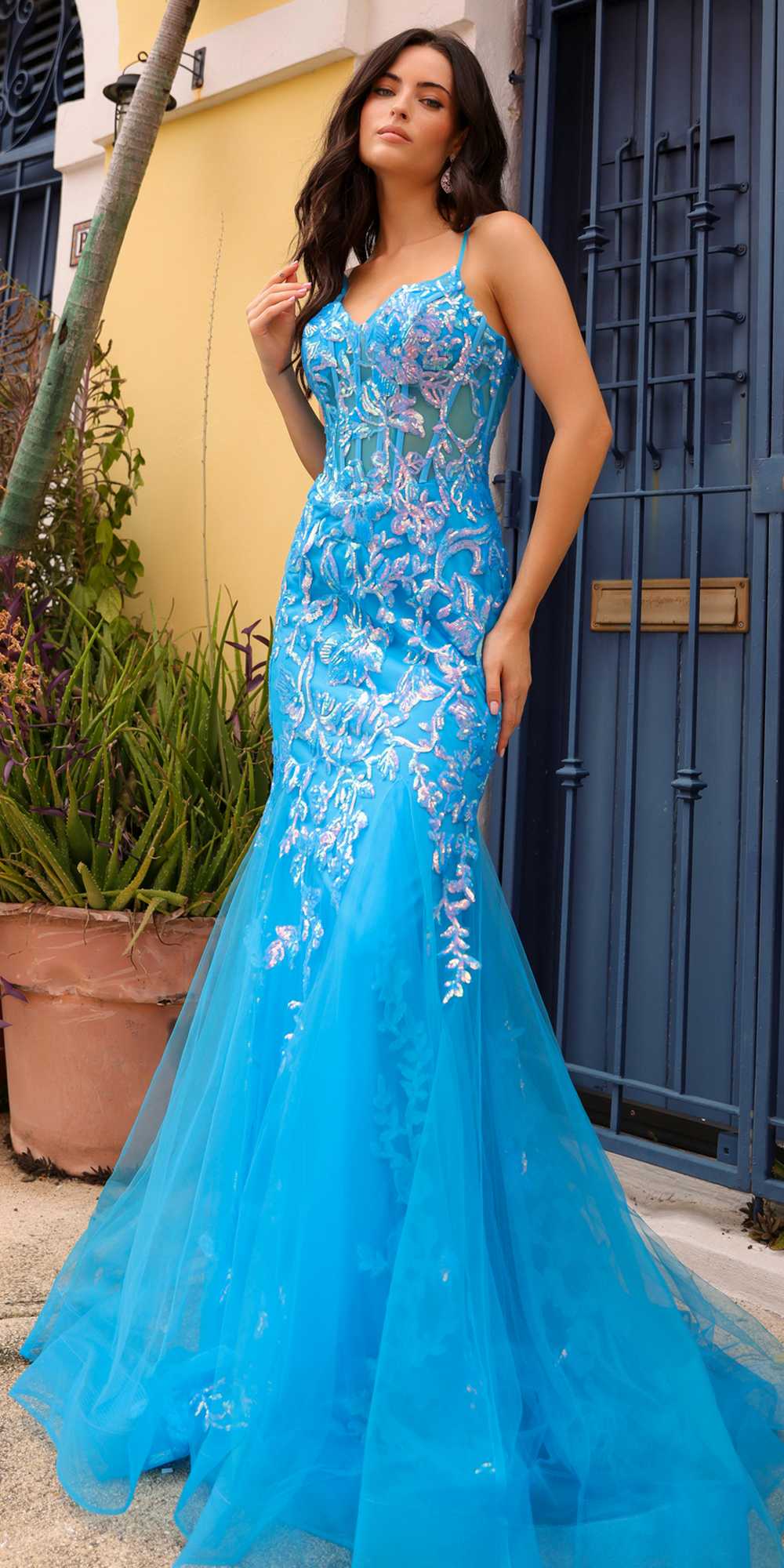 Nox Anabel Q1390 Long Fitted Sequin Applique Trumpet Skirt Gown