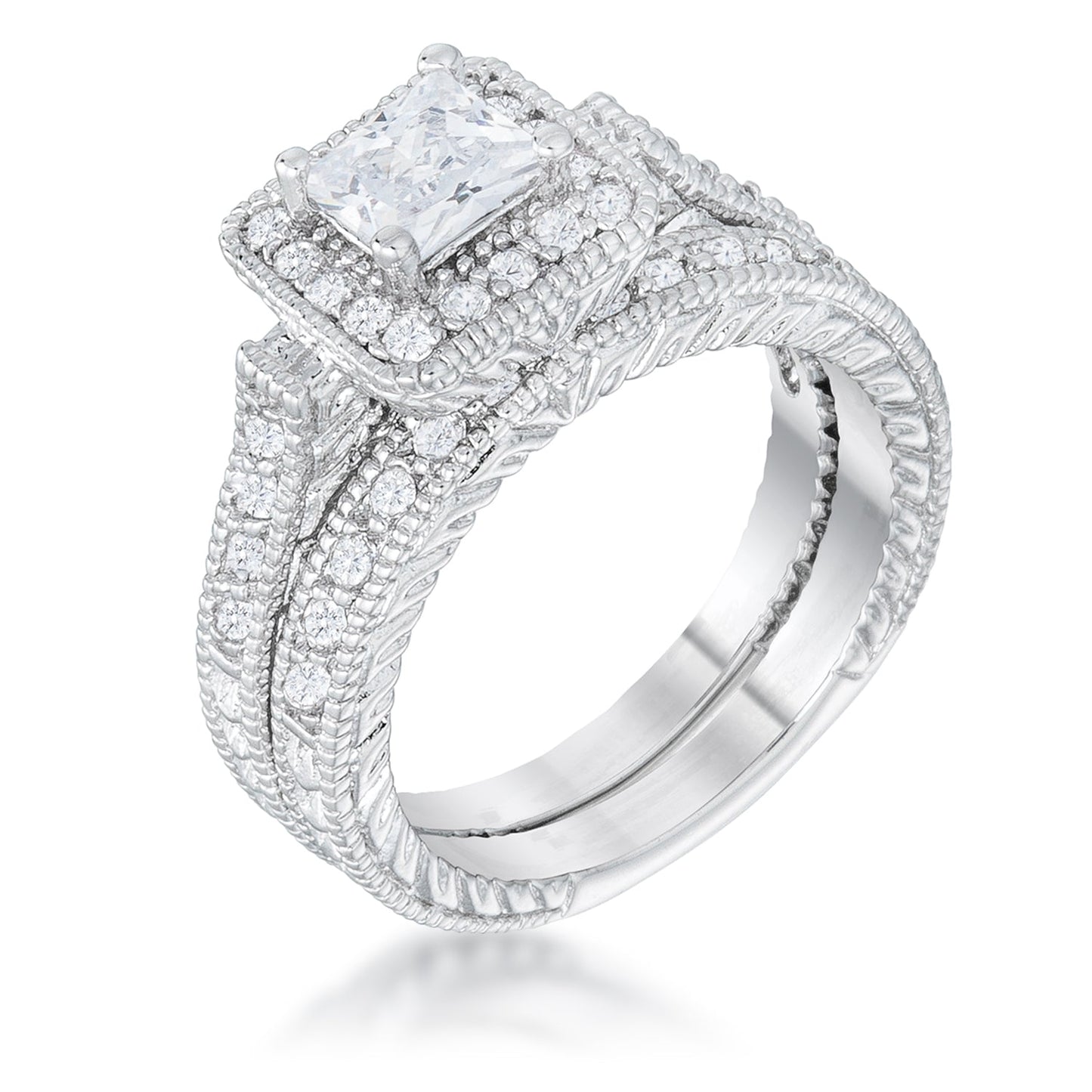 Avera Art Deco Princess Cut Bridal Set in Sterling Silver