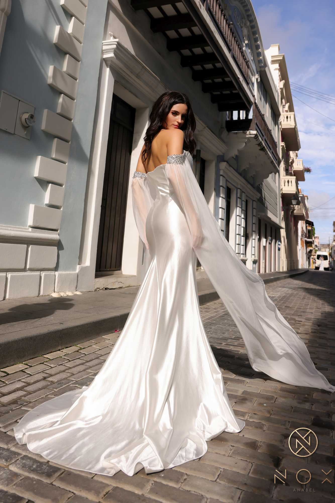 Nox Anabel R1312 Long Chiffon Cape Sleeve Fitted Satin Formal Gown