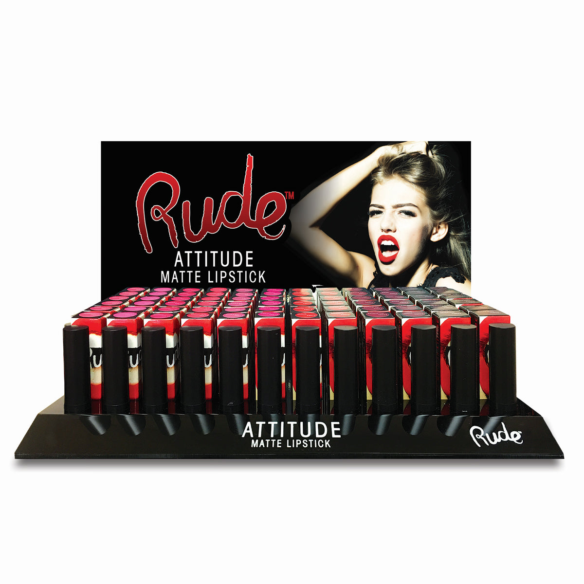 RUDE Attitude Matte Lipstick, lot de 144 rouges à lèvres et 12 testeurs sur présentoir en acrylique