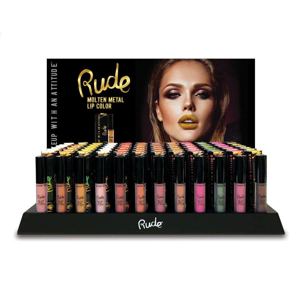 Présentoir RUDE Molten Metal Lip Color, 144 pièces + 12 testeurs