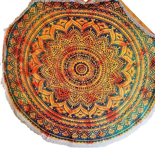 Tapisserie Ronde en Coton avec Mandala au Henné et Bordure en Dentelle de 70 Pouces