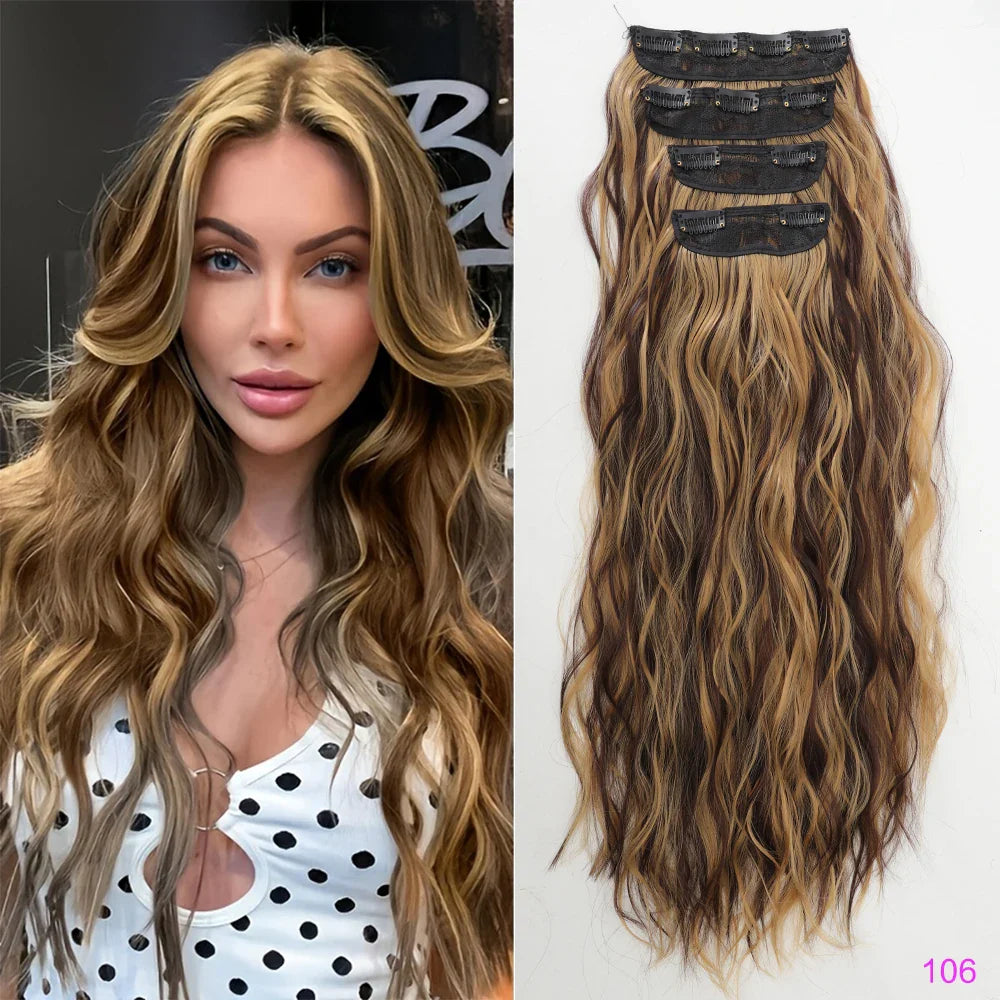 Voluminous Brown-Blonde Clip-In Extensions: 60.96 cm Wavy & Curly Synthetic Hair Set