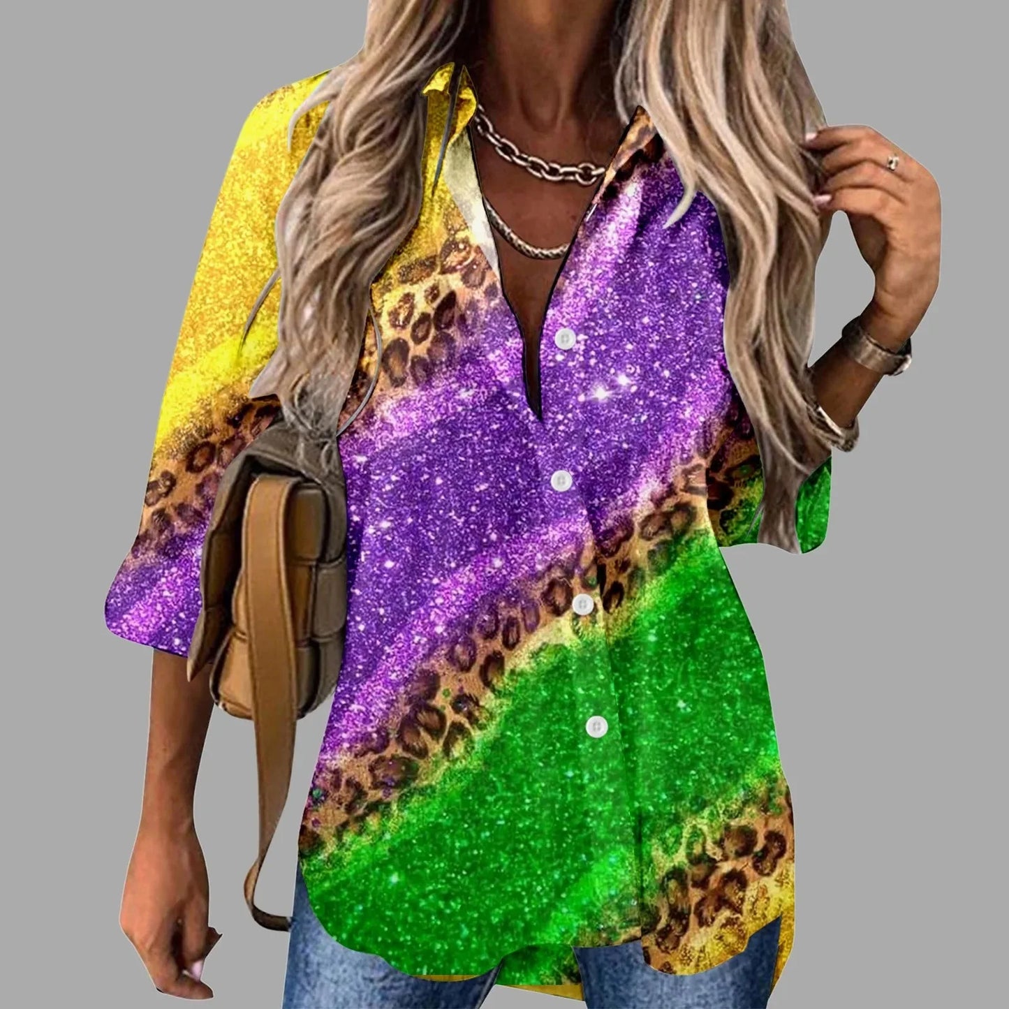 🎭 Mardi Gras Women's V-Neck Long Sleeve Carnival Print Shirt