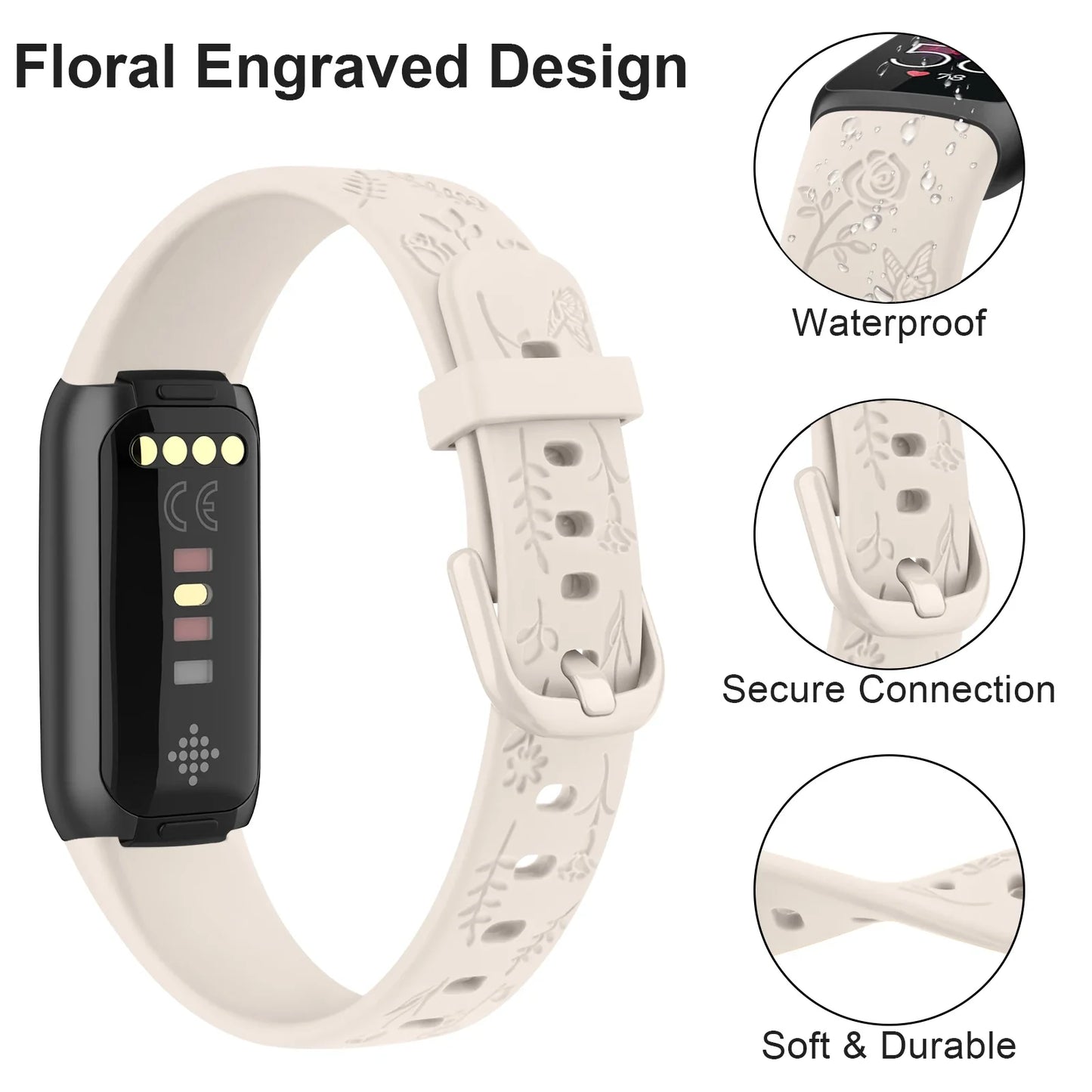 Bracelet Fitbit Luxe en TPU gravé de fleurs - Doux et confortable