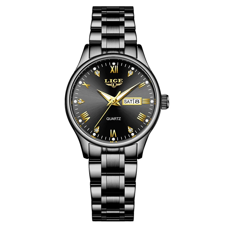 Montre à quartz pour femme en acier inoxydable noir avec cadran orné de diamants