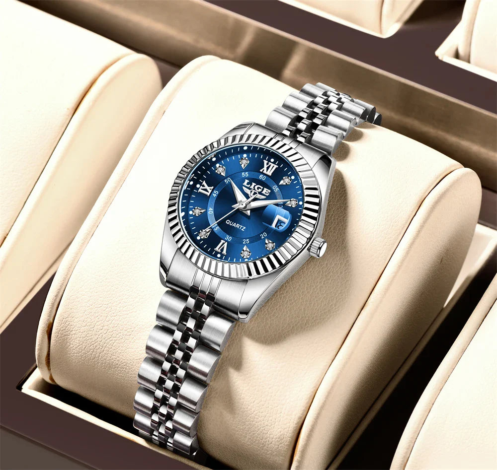 Damen-Edelstahl-Zweifarb-Datumsanzeige-Uhr Elegant Quarz