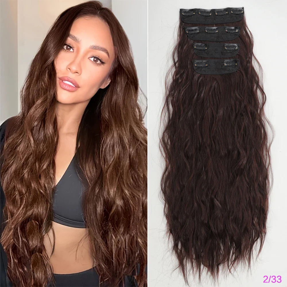 Voluminous Brown-Blonde Clip-In Extensions: 60.96 cm Wavy & Curly Synthetic Hair Set