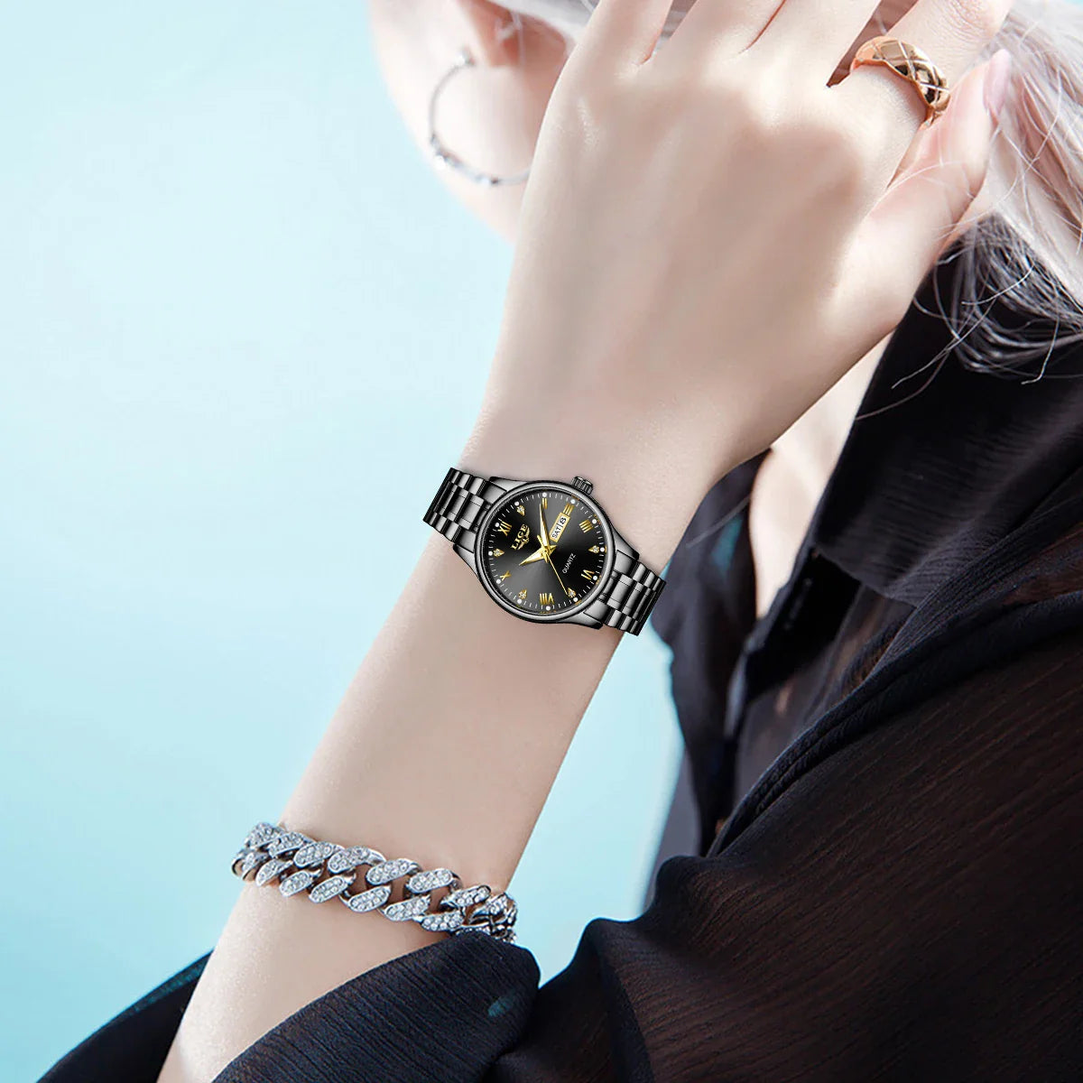 Montre à quartz pour femme en acier inoxydable noir avec cadran orné de diamants