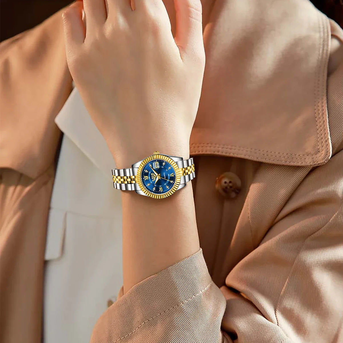 Damen-Edelstahl-Zweifarb-Datumsanzeige-Uhr Elegant Quarz