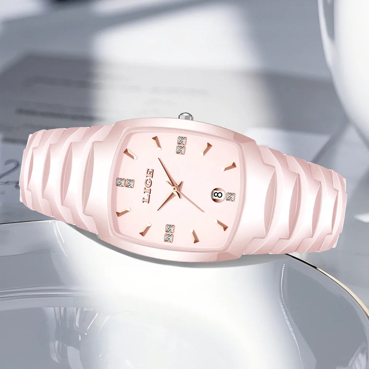 Montre fine lumineuse en acier inoxydable or rose pour femme avec date