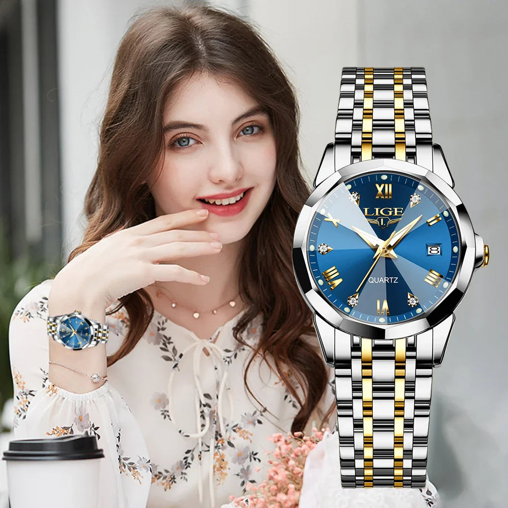 Damenarmbanduhr aus Edelstahl, Bicolor, mit blauem Sunburst-Zifferblatt