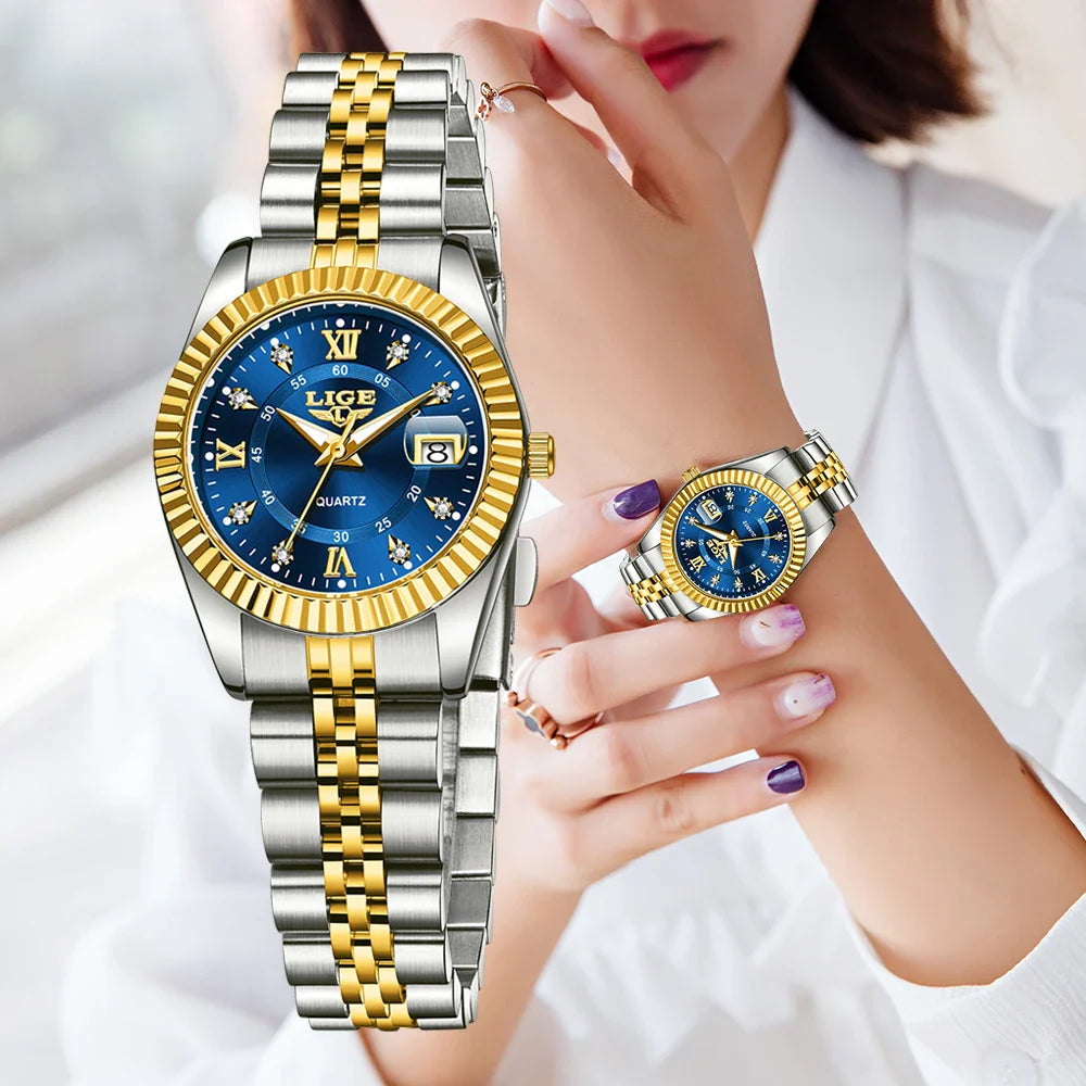 Damen-Edelstahl-Zweifarb-Datumsanzeige-Uhr Elegant Quarz