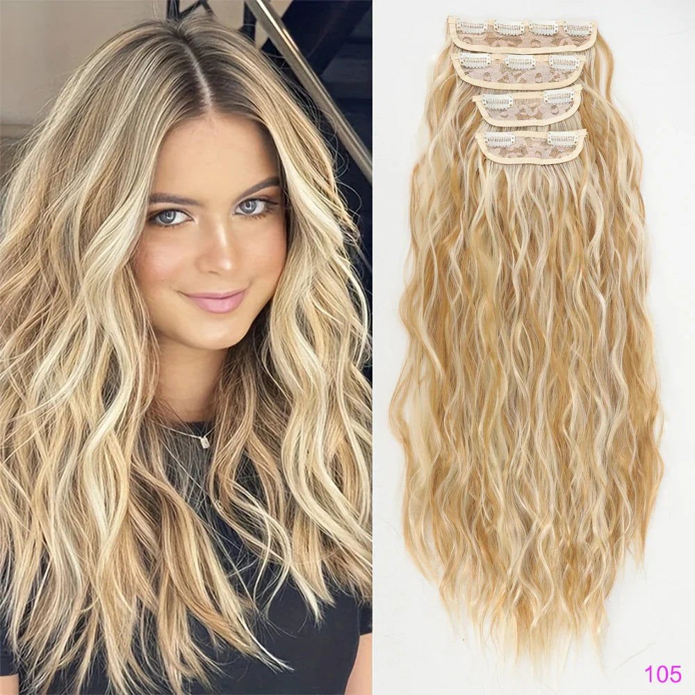 Voluminous Brown-Blonde Clip-In Extensions: 60.96 cm Wavy & Curly Synthetic Hair Set
