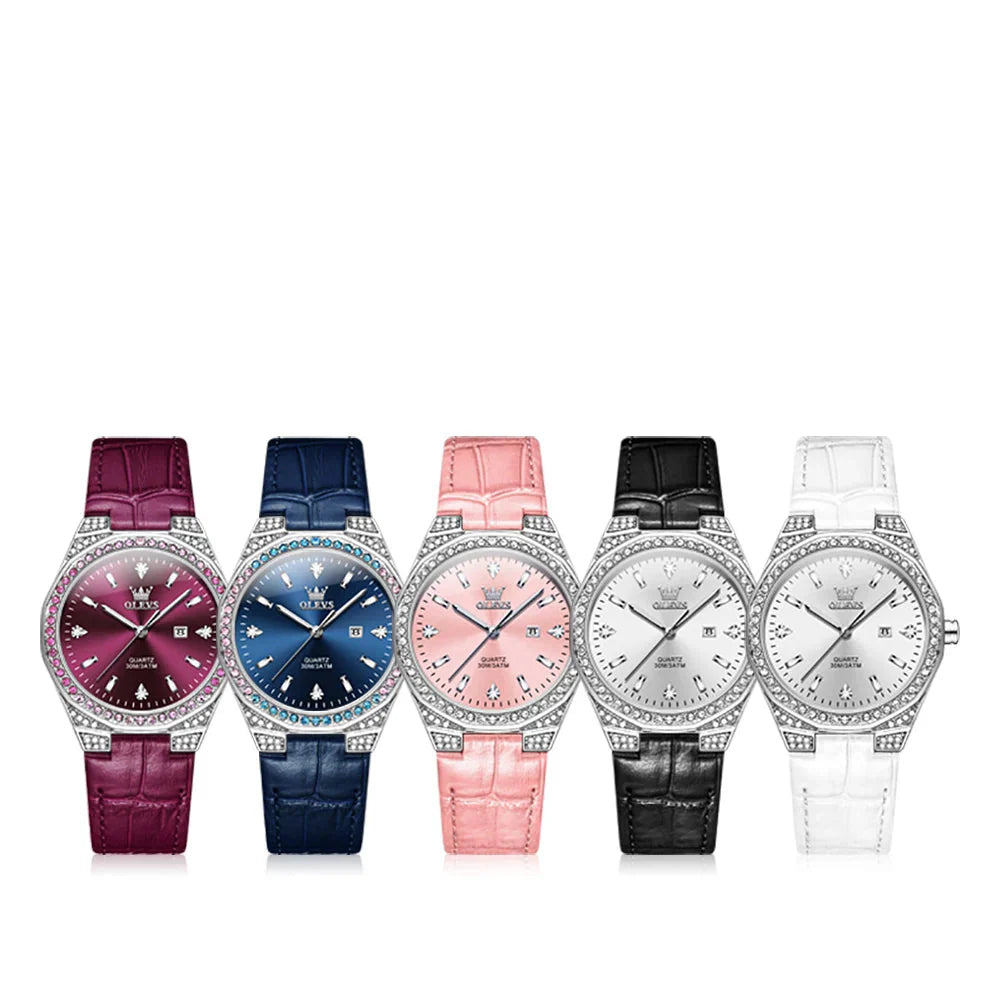 Montre de luxe femme en cuir rose doré avec lunette en cristal