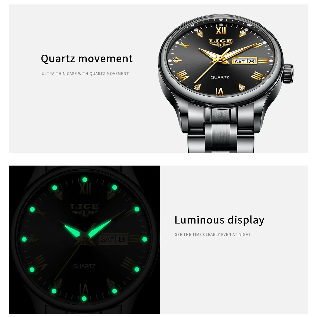 Montre à quartz pour femme en acier inoxydable noir avec cadran orné de diamants