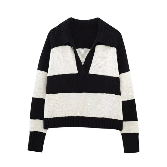 Women Fashion Black Striped Knit Sweater Spring Vintage Polo Neck Long Sleeve Female Pullovers Chic Tops