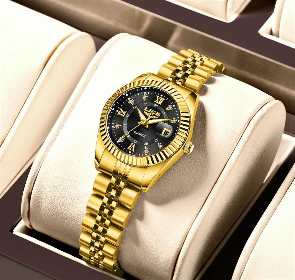 Damen-Edelstahl-Zweifarb-Datumsanzeige-Uhr Elegant Quarz